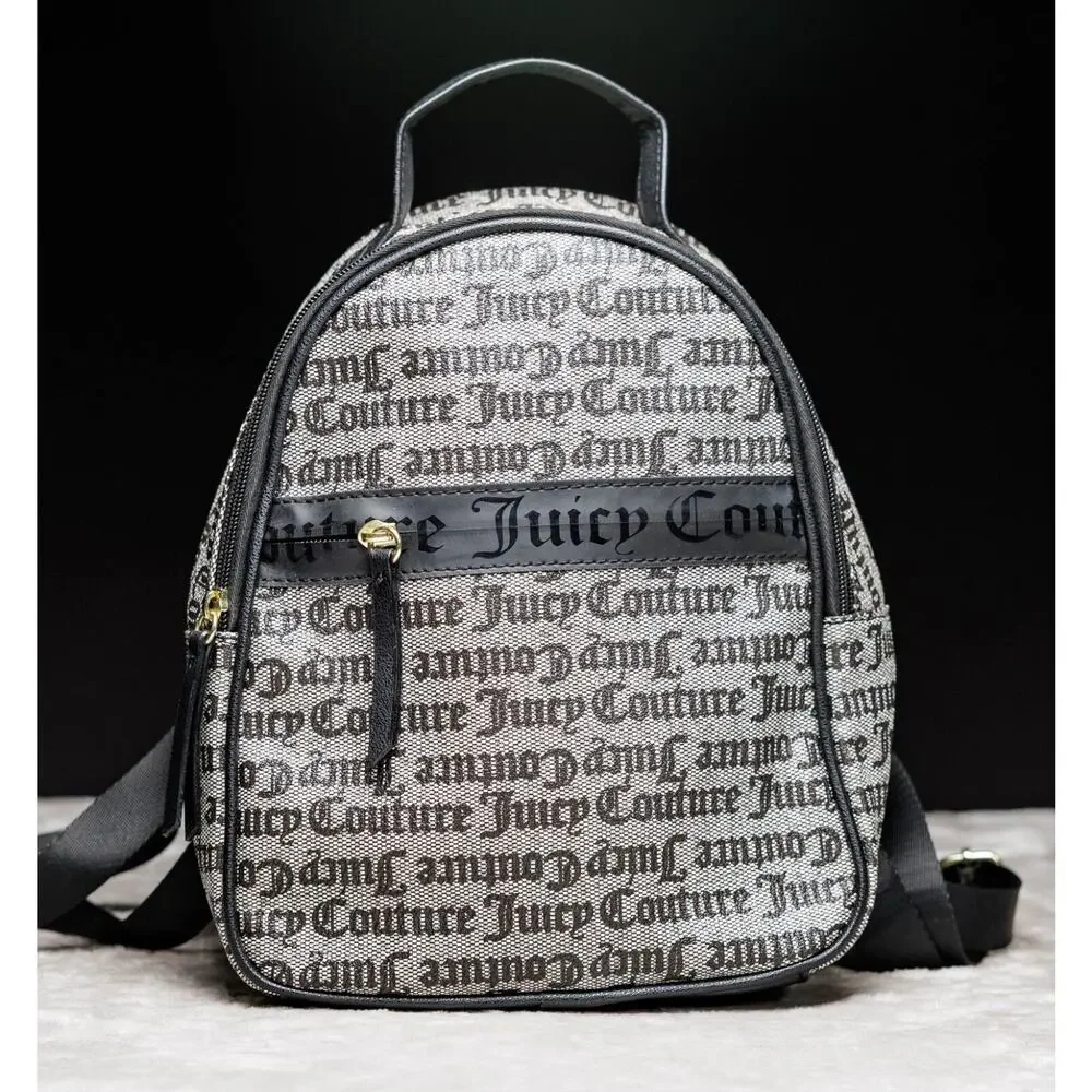 Juicy Couture Black Gray Logo Goth Our Zip Says it All Backpack Gold Hardware